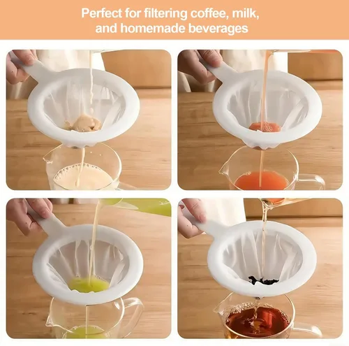 Vista 6 de Colador de malla de nailon ultrafino, mini colador de cocina para café, leche, yogur, jugo, mango antideslizante y agujero para colgar (malla 120)