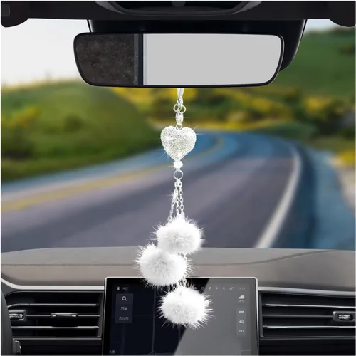 Vista 15 de Dickno Adorno Colgante Brillante para Coche, Divertido Pendiente de Corazón de Amor y Bola de Peluche Rosa para Espejo Retrovisor para Mujeres