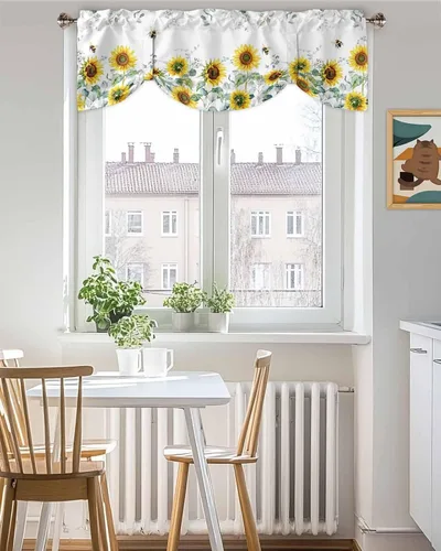 Vista 2 de Cortinas florales pequeñas para ventana de baño y cocina, 1 paquete de cortinas aislantes térmicas con lazos de 60 x 18 pulgadas, girasoles, abejas