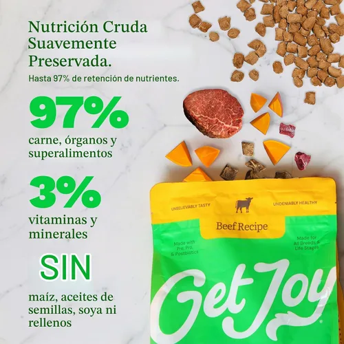Vista 2 de Get Joy Alimento liofilizado para perros Receta de carne de res con superalimentos para la salud intestinal y la digestión Comida o adorno