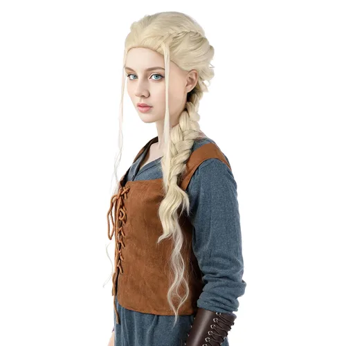 Vista 2 de MUPUL Peluca rubia larga trenzada para disfraz de ciri, para mujer, fiesta de Halloween, cosplay, accesorios de disfraz