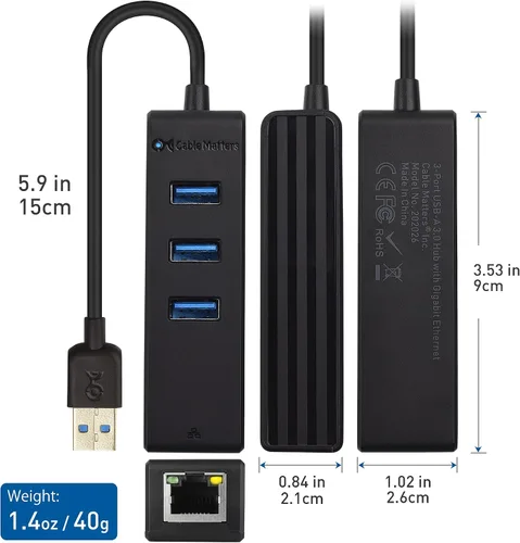 Vista 5 de Cable Matters Hub USB 4 en 1 con Ethernet, compatible con red Gigabit (USB 3.0 Hub Ethernet) con red 10/100/1000Mbps, 3 puertos USB de 5 Gbps