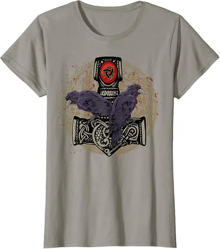 Vista 62 de Thors Hammer Mjolnir Huginn and Muninn Odin Raven - Camiseta, Negro, S
