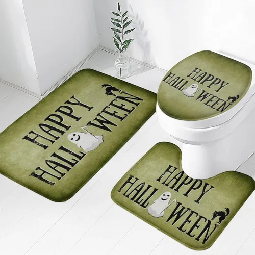 Vista 17 de Juego de 3 tapetes de baño de Halloween de bienvenida, diseño de fantasma, boo, gato, bruja, murciélago, calabaza, juego de alfombrillas de baño