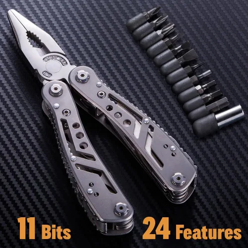 Vista 9 de Multiherramienta 24 en 1 con cuchillo, alicates y 11 puntas de acero inoxidable afilado, multiherramienta para hombres, equipo ideal