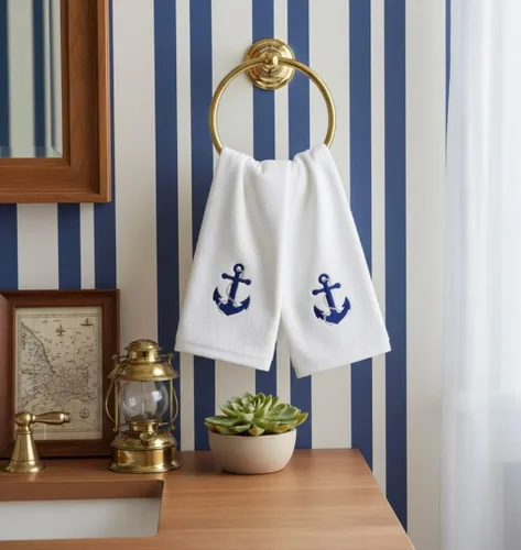 Vista 4 de Serafina Home Toallas de baño suaves y absorbentes para huéspedes: ancla azul náutica con diseño costero de cuerda gris plateada, 2 piezas de 12 "x