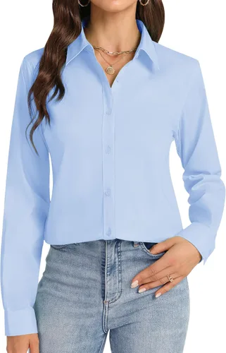 Vista 11 de Camisas con botones J.VER para mujer con cuello elástico y manga larga de algodón, camisa de vestir casual de negocios para el trabajo