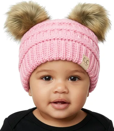 Vista 53 de Funky Junque Gorro de invierno con doble pompón para bebé de 0 a 12 meses, bonito gorro de punto acogedor para clima frío Patrón de tejido
