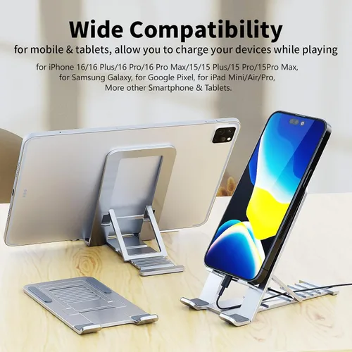 Vista 2 de Soporte de teléfono celular para iPhone 17 Pro Max 17e 16e 16 15 14 13 para Samsung S26 Ultra S25 S23 A17 A16 Pixel 10a soporte de cuna ajustable