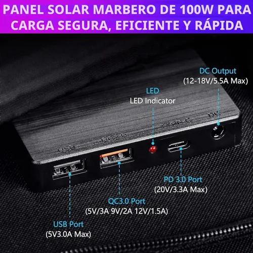 Vista 2 de MARBERO Panel Solar Portátil de 100W 100 Vatios Panel Solar Plegable para Estación de Energía con USB y Salida DC de 18V (10 Conectores) 23%
