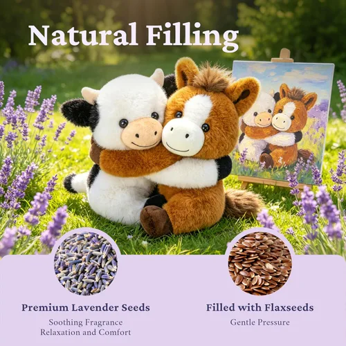 Vista 4 de IKASA Dúo de animales de peluche de vaca y caballo para microondas, calentable y refrigerable de 1.5 libras con aroma a lavanda con peso, 2 piezas