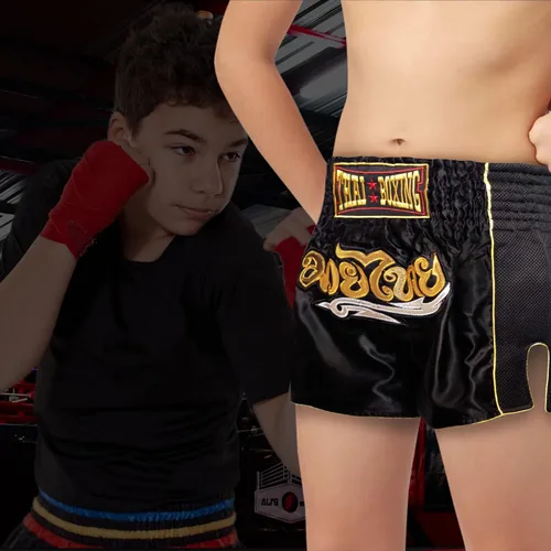 Vista 6 de Pantalones cortos de Muay Thai para niños (4 años a 10 años) para boxeo, kickboxing, artes marciales mixtas, entrenamiento para niños y niñas