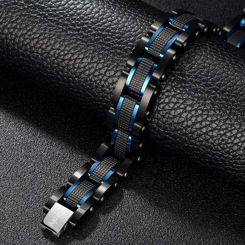 Vista 3 de Zillaly Pulsera de diamantes de eslabones cuadrados de acero inoxidable de dos tonos para hombre en negro y azul chapado en iones negro