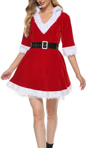 Vista 2 de Luckinbaby Disfraz de Mrs Claus de 2 piezas para mujer vestido de Navidad de manga larga con capucha vestido de Papá Noel para fiesta cosplay traje