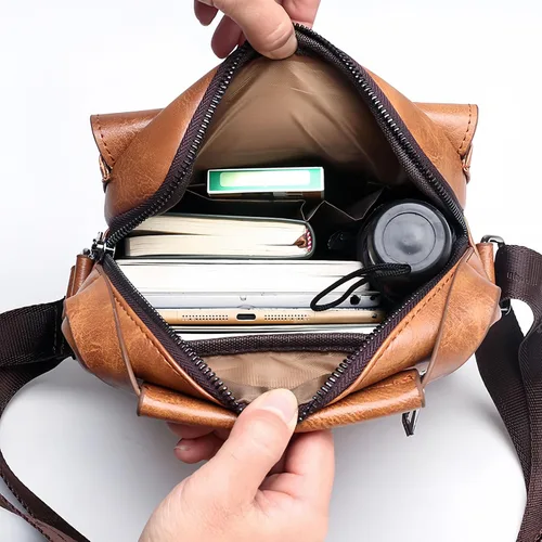 Vista 2 de Bolso cruzado pequeño, bolso de hombro para hombre, bolso de cuero vintage para oficina y negocios para hombres, bolso de mano con cremallera