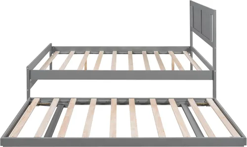 Vista 9 de Merax Cama de plataforma de madera de tamaño matrimonial con nido y cabecera ajustables, base de colchón/fácil montaje/soporte de listones de madera