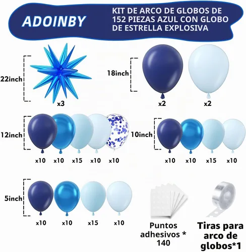 Vista 2 de Kit de Arco de Globos Azul ADOINBY, kit de 152 piezas de globos cromados macarrón azul marino y estrellas, kit de globos de diferentes tamaños