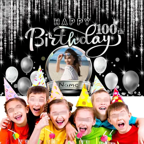 Vista 5 de Cartel de decoración de feliz cumpleaños número 100 personalizado - Personalización disponible - Negro y plateado - Tamaño grande - Admite fotos