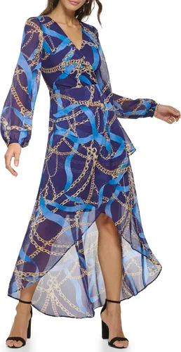 Vista 4 de GUESS Vestido largo de gasa con estampado de bufanda de manga larga para mujer