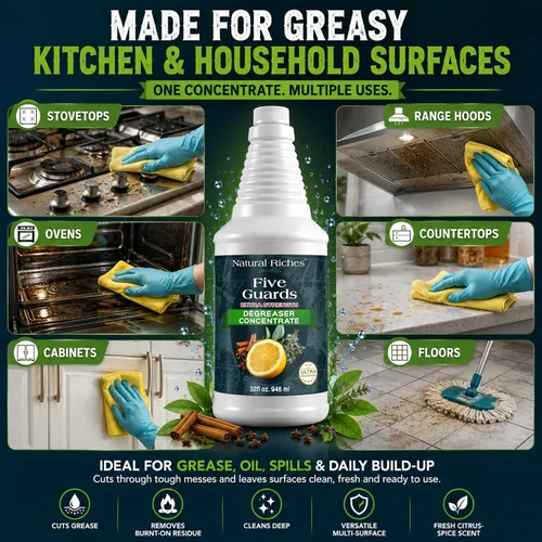 Vista 8 de Natural Riches Five Guards Degreaser Concentrate Makes Up to 64 Gallons, Essential Oil Blend Formula, Multi-Surface Cleaner for Kitchen, Cookware