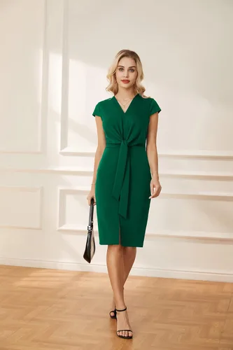 Vista 2 de GRACE KARIN Vestidos midi de verano para mujer, manga casquillo, cintura con lazo, vestido de trabajo con abertura en V y cuello en V, vestido
