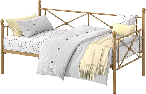 Vista 7 de VECELO Marco de cama de día con cabecero, plataforma de soporte de listones de metal resistente para sala de estar, habitación de invitados, fácil