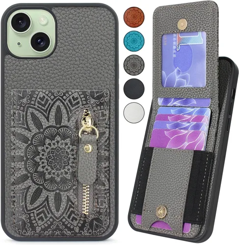 Vista 8 de Funda compatible con iPhone 15 Plus con ranuras elásticas para tarjetas, bolsillo con cremallera, soporte magnético a presión para iPhone 15 Plus 14