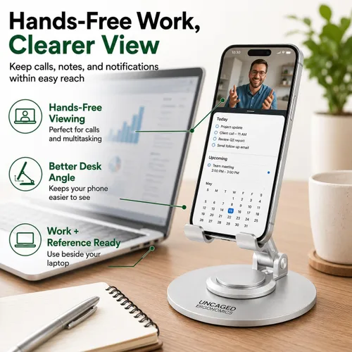 Vista 8 de Uncaged Ergonomics Adjustable/Foldable Swivel Phone Stand for Desk (Silver)