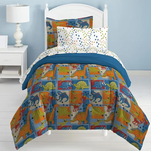 Vista 246 de Dream Factory Dinosaur Blocks - Juego de edredón de microfibra ultrasuave para niños, color azul, tamaño individual Bloques de dinosaurios azules