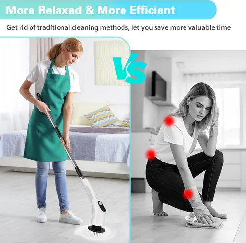 Vista 4 de Limpiador eléctrico giratorio, cepillo de limpieza de ducha inalámbrico impermeable con cabezales de cepillo reemplazables y mango de extensión