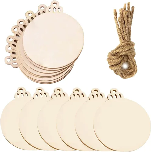 Vista 4 de 50 bolas de madera de Navidad, adornos colgantes de madera, recortes de bolas de Navidad, piezas de rebanadas de madera para Navidad, decoración