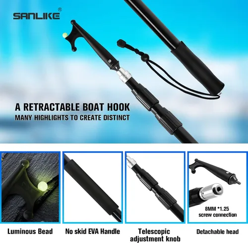 Vista 2 de SANLIKE Telescoping Boat Hook for Docking, Floating Fiberglass Dock Hook with Luminous Bead, Twist-Lock Extension Pole, Non-Slip Handle, Rustproof
