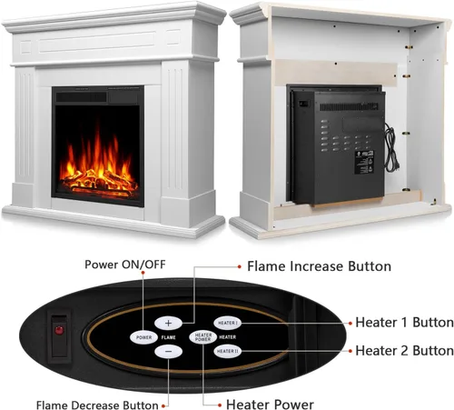 Vista 6 de Chimenea eléctrica con chimenea envolvente de madera, control remoto, llama LED ajustable, chimenea independiente de 750 W/1500 W (blanco perlado)
