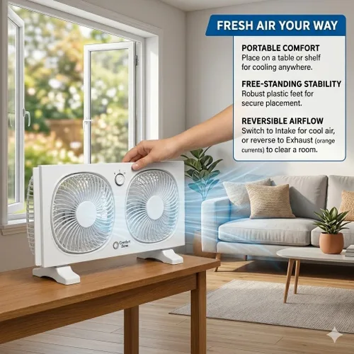 Vista 5 de Comfort Zone CZ329WT Ventilador de ventana doble de 9" con ventiladores giratorios de 180°, 2 velocidades, pantalla anti-insectos de plástico