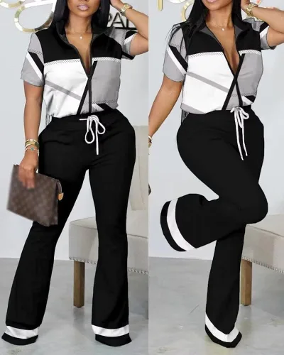 Vista 4 de Adogirl Conjunto de dos piezas para mujer con estampado de cremallera y manga larga, pantalones largos a juego