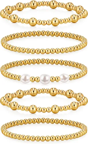 Vista 9 de Doubgood - Pulseras de oro para mujer, juego de 5 piezas, pulseras chapadas en oro de 14 quilates, conjuntos de joyería con cuentas elásticas