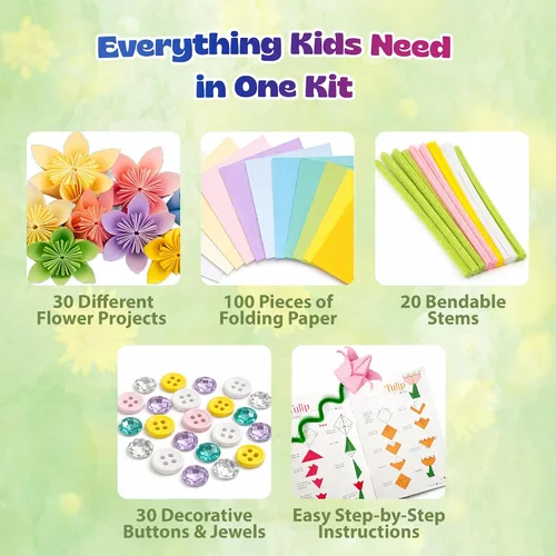 Vista 6 de Pinwheel Crafts Kit de origami de flores para niños de 8 a 12 años Kit de papel de origami de 150 piezas con papel plegable de color primavera