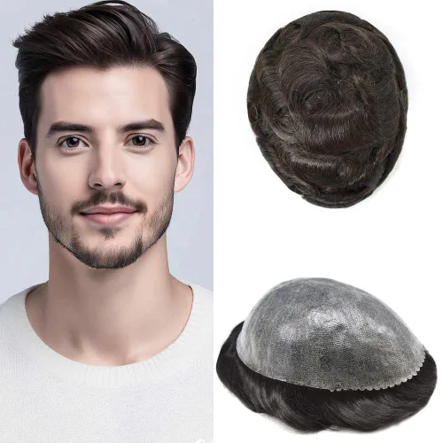Vista 67 de Mens Toupee Hair System para hombres Piezas de pelo Sistema de reemplazo Poly Skin Toupee para hombres Protesis Capilar Para Hombre 6X8#1 Jet Black
