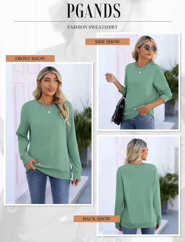 Vista 5 de PGANDS Sudaderas de manga larga con cuello redondo y bloque de color liso para mujer, estilo casual, lindas, ligeras, sueltas