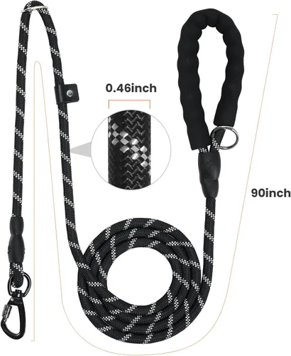 Vista 2 de Correa deslizante para perro de 6 pies, ajustable y desmontable con gancho de entrenamiento reflectante, cuerda trenzada sin tirones con mango