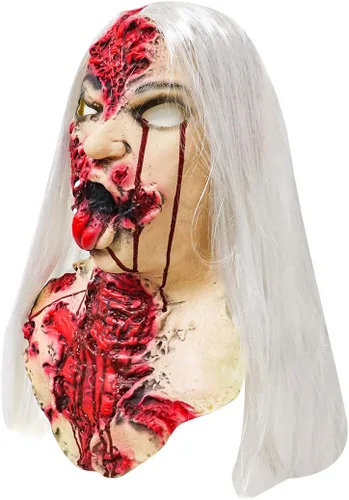 Vista 5 de xiuyou Máscara de zombi sangrienta, máscara de fantasma femenino aterrador con cabello, casco realista de cara completa, disfraz de Halloween