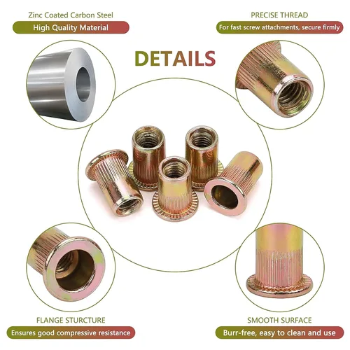 Vista 4 de 100 tuercas de remache M6, tuercas de inserción roscadas de cabeza plana M6 con cuerpo moleteado, Tuercas de inserción de acero al carbono chapado