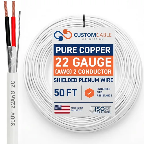 Vista 18 de Cable CMP Plenum blindado trenzado de conexión de cable, cable de bajo voltaje CL3P listado por UL, 22 AWG 2 conductores, carrete de 500 pies, blanco