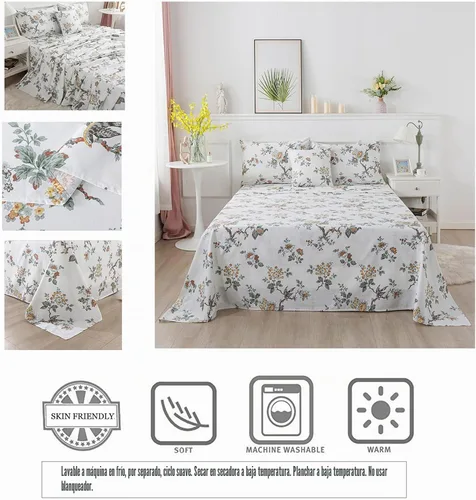 Vista 4 de FADFAY Elegante juego de sábanas con estampado de pájaros beige desgastado, 100% algodón, ultra suave, para niñas, con bolsillo profundo, 4 piezas