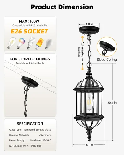 Vista 6 de VIANIS Luces colgantes grandes de 20 pulgadas para exteriores del atardecer al amanecer, luz colgante exterior negra, luces de techo exteriores