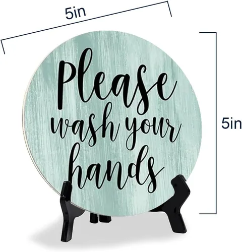 Vista 4 de Round Please Wash Your Hands, letrero decorativo de mesa de baño verde claro con caballete acrílico
