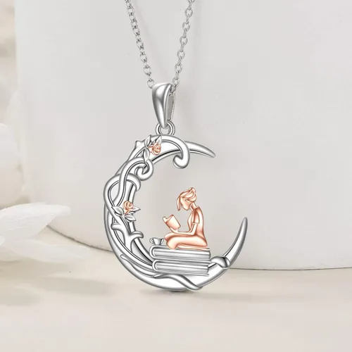 Vista 2 de YFN Collar de plata de ley 925 para amantes de los libros, colgante de lectura para mujer, regalo de graduación, joyería para estudiantes, amigos