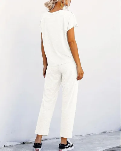 Vista 3 de Eurivicy Conjunto de 2 piezas para mujer, casual, de manga corta, cuello redondo, pantalones deportivos con bolsillos, conjunto deportivo de verano