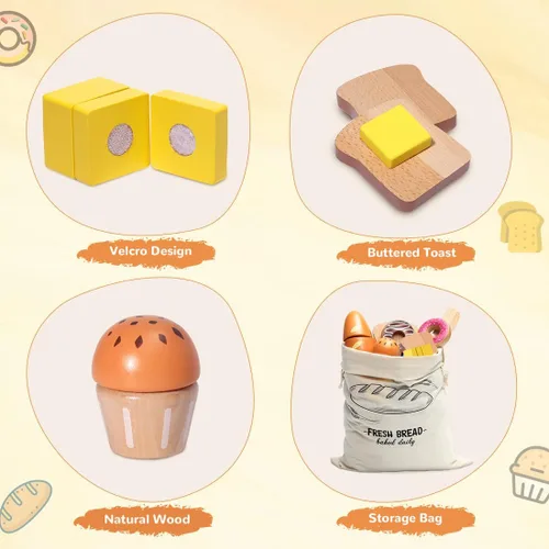 Vista 4 de Juego de madera para panadería, juguetes de comida, juego de cocina para niños, accesorios de cocina con bolsa de almacenamiento, juego