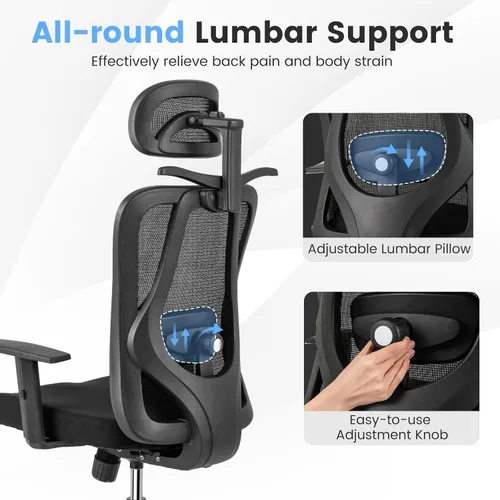 Vista 7 de COSTWAY Silla de oficina de malla, sillas ergonómicas de escritorio para computadora con reposacabezas 3D, reposabrazos ajustables y soporte lumbar
